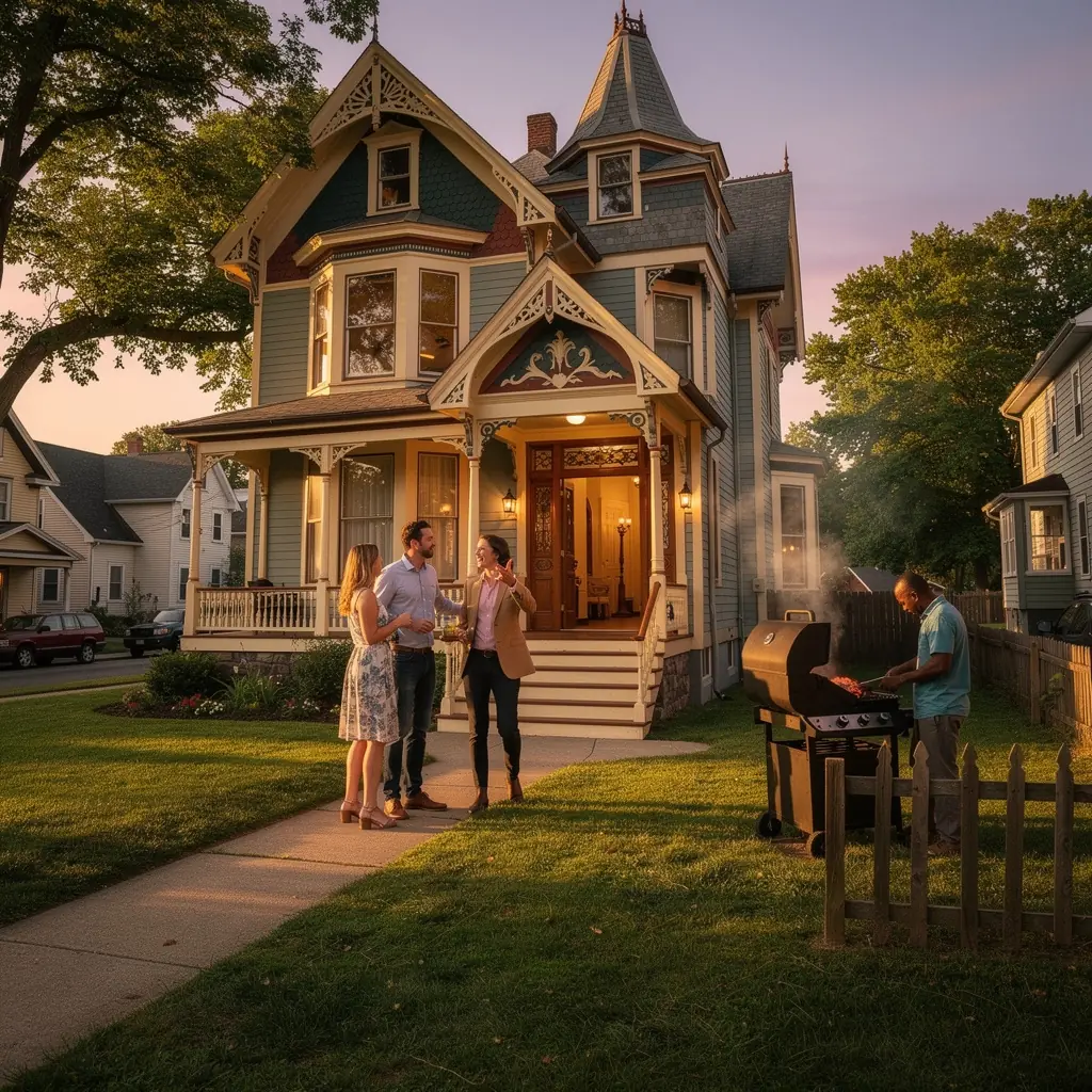 Фасад старинного дома с ухоженным садом и изысканными окнами.