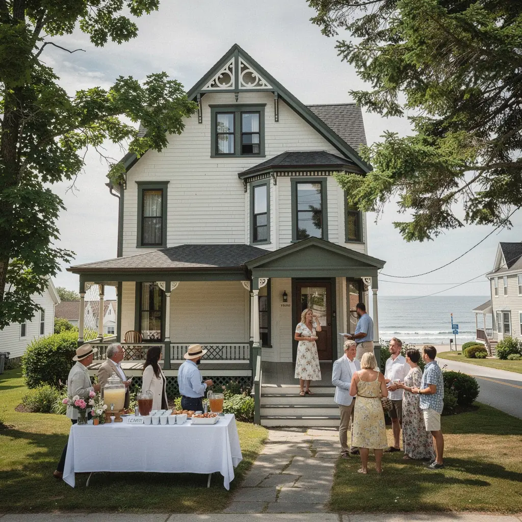Старинный дом с красивой архитектурой, окруженный ухоженным садом и зелеными насаждениями.